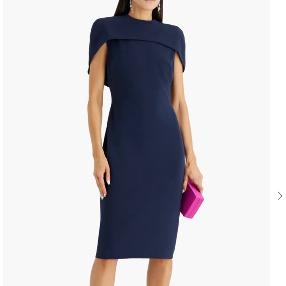 Navy Blue BADGLEY MISCHKA Cape-effect crepe dress Size US 14 NWT - Picture 1 of 7